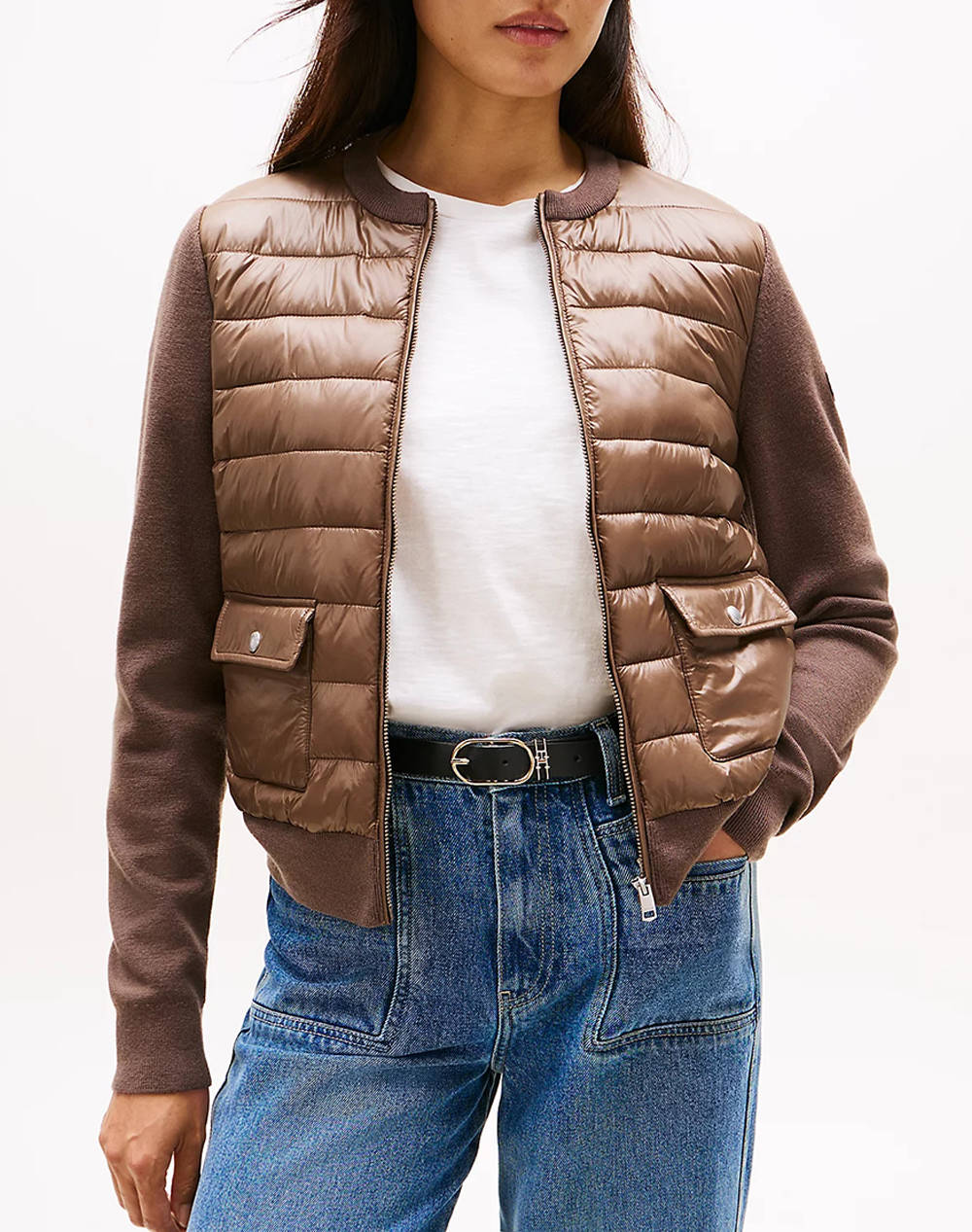 Tommy Hilfiger Ul Padded Reg Knit Mix Jacket Women Clothes Outerwear Outerwear Jackets Brown Synthetic Ww0Ww46741 Gto Female Jackets Brown