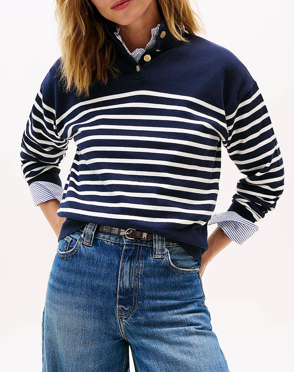 Tommy Hilfiger Co Jersey Gold Btn Mock Nk Swt Women Clothes Tops Knits Navyblue Cotton Ww0Ww47467 0Fi Female Knits Blue