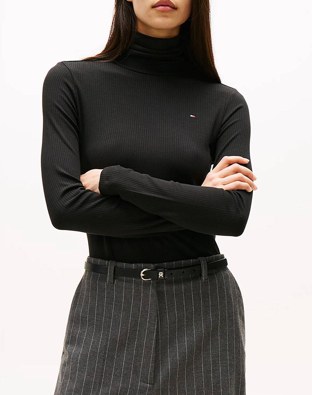 Tommy Hilfiger Slim 5X2 Rib Roll Nk Ls Women Clothes Tops T Shirts Black Viscose,Elastic Ww0Ww39826 Bdsr Female T-Shirts Black