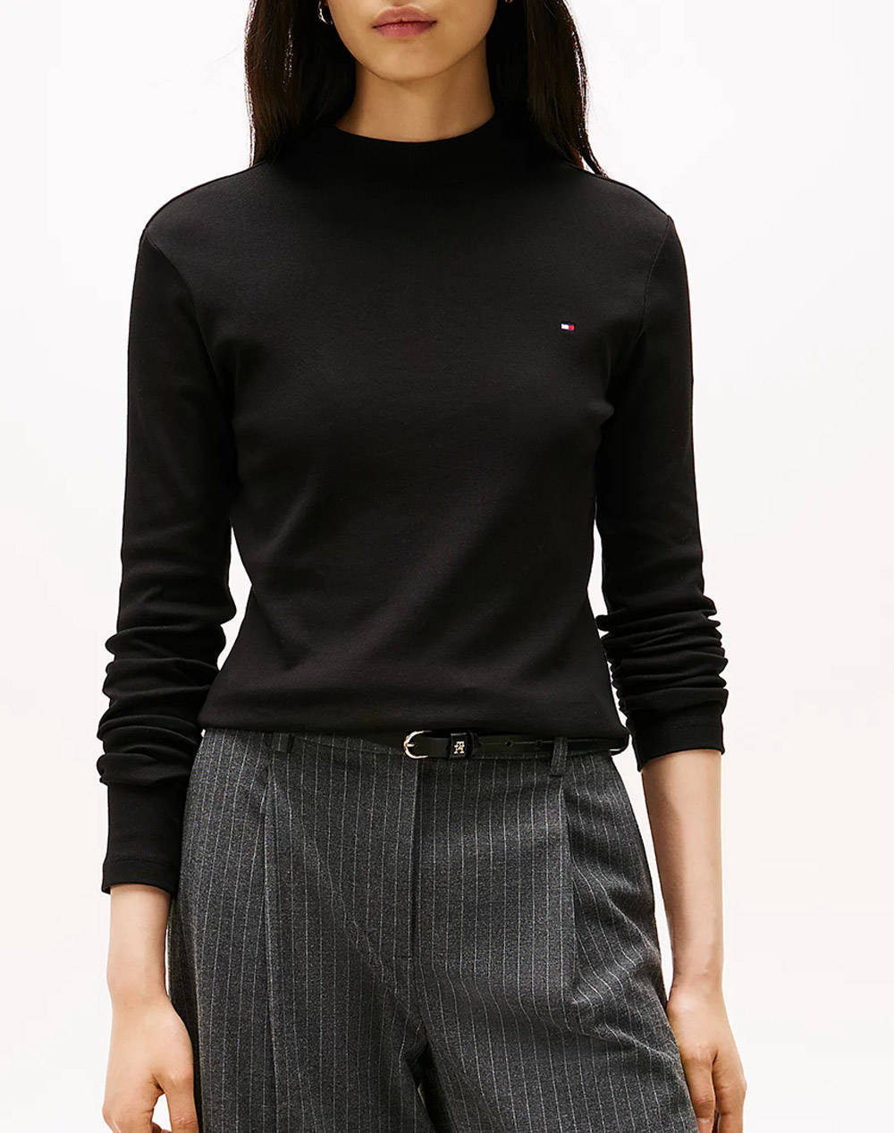 Tommy Hilfiger Slim Cody Mock Nk Ls Women Clothes Tops T Shirts Black Cotton Ww0Ww47307 Bds Female T-Shirts Black