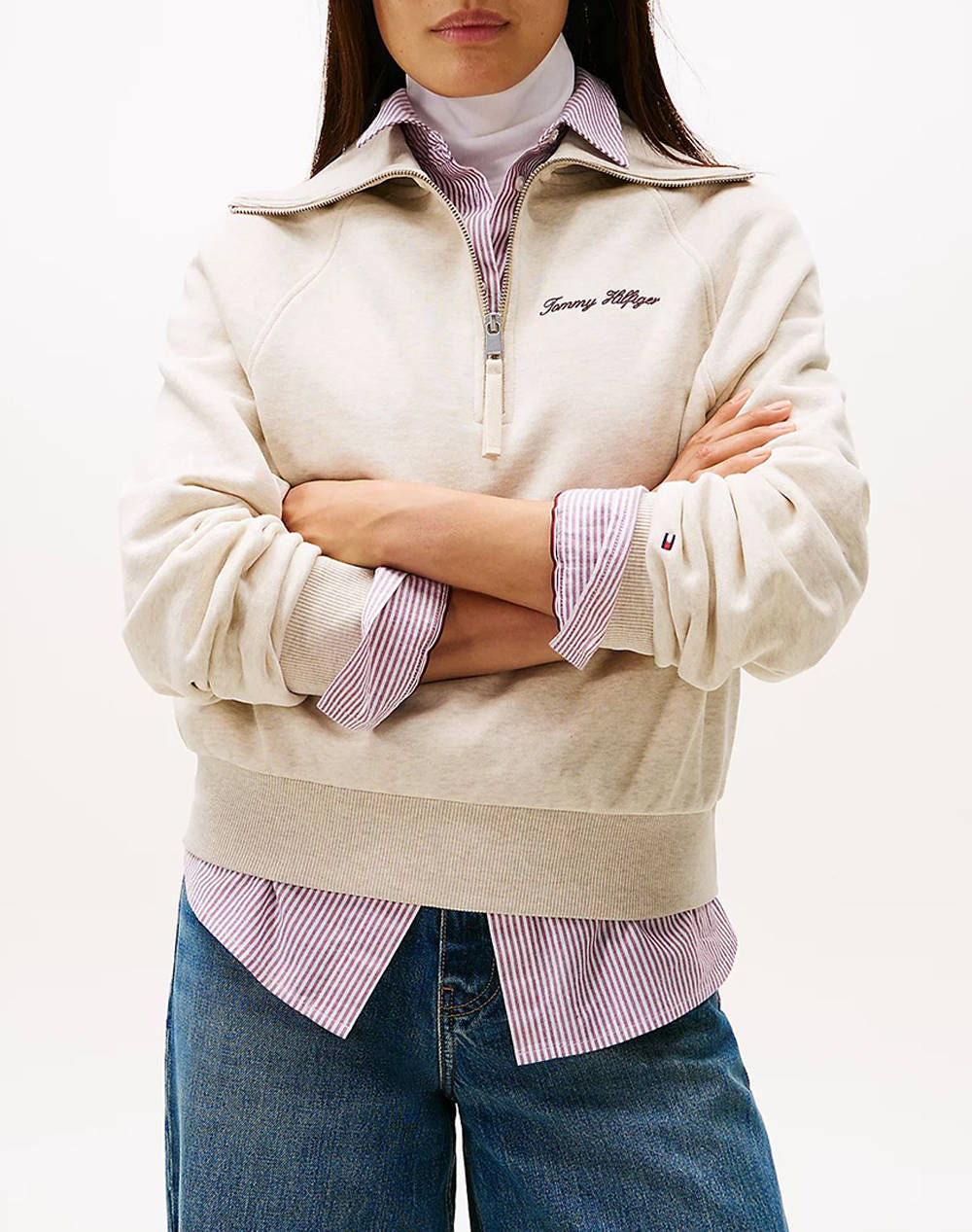Tommy Hilfiger Classic Script Fleece Half Zip Women Clothes Tops Sweatshirts Ecru Cotton,Synthetic Ww0Ww46632 Adk Female Sweatshirts