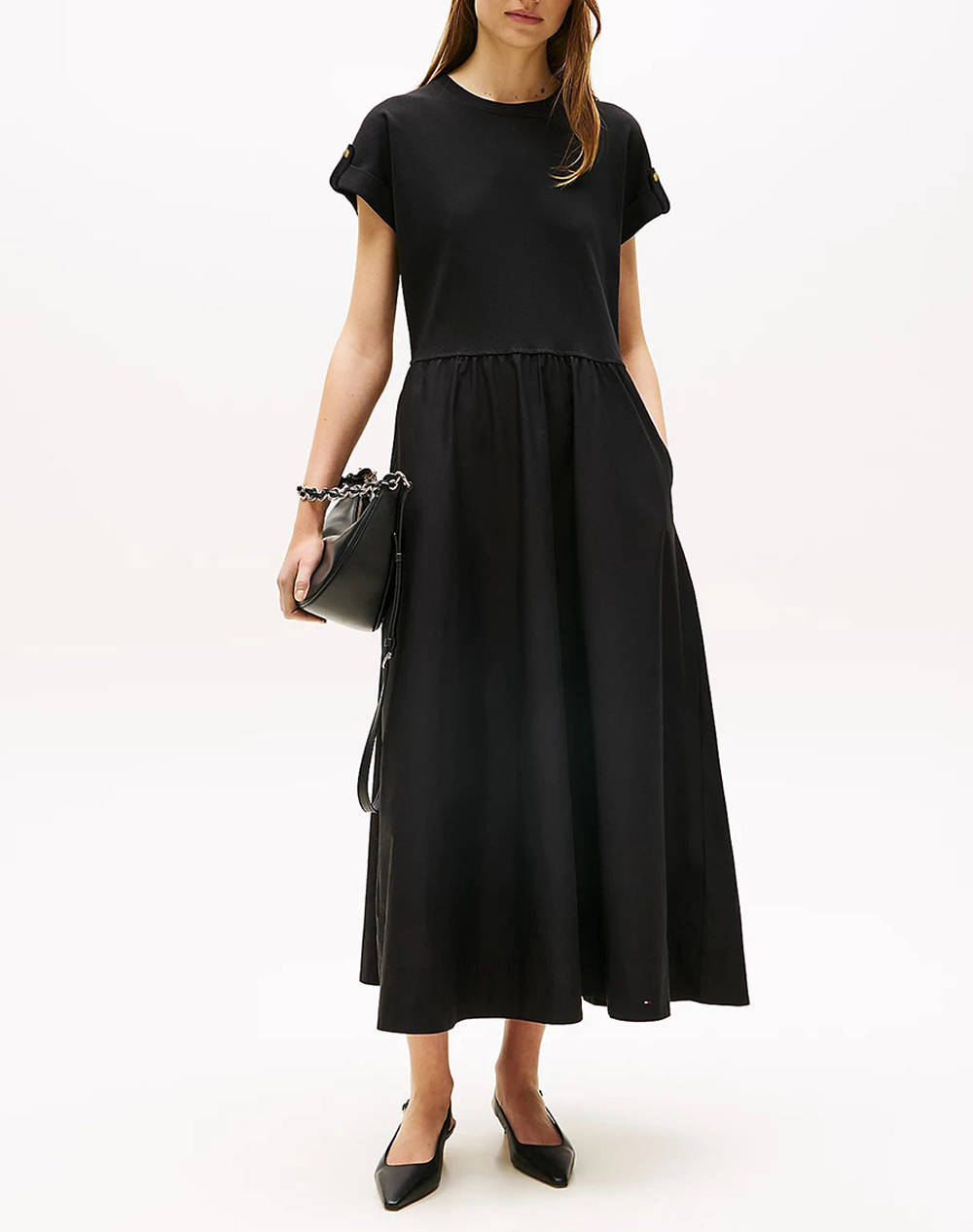 Tommy Hilfiger Modern Cody Midi Mix F&F Drs Women Clothes Dresses Black Cotton,Elastic Ww0Ww46711 Bds Female Dresses Black