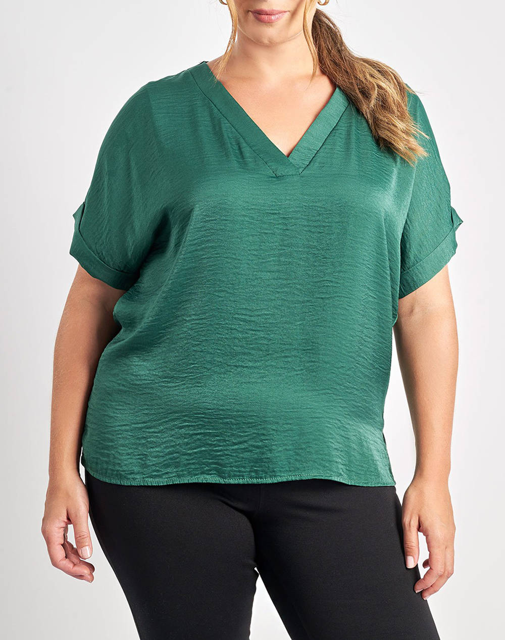 Parabita Satin Blouse With V Women Clothes Tops T Shirts Green Synthetic 012520106101 005 Female T-Shirts Green