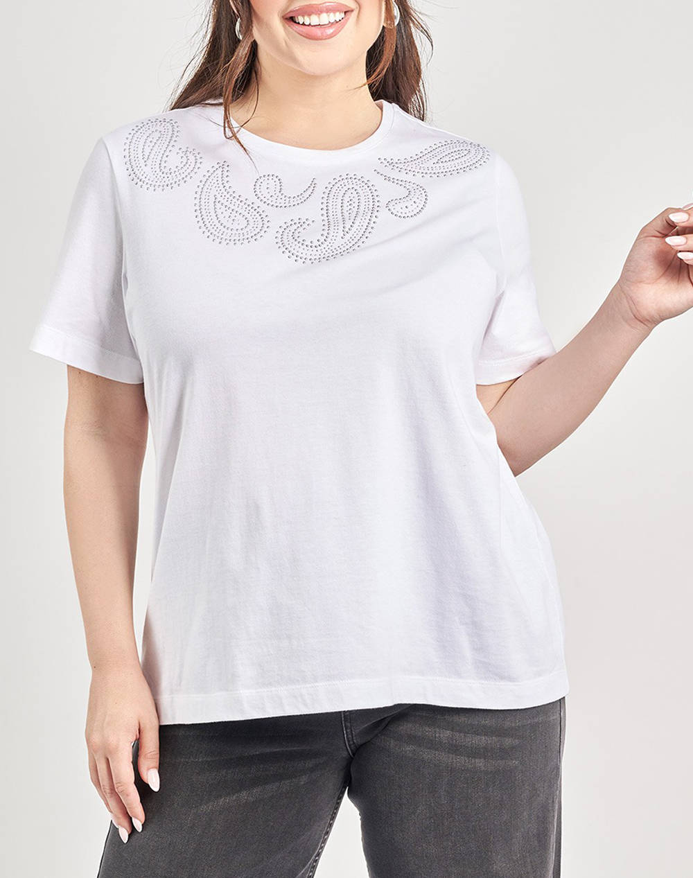 Parabita Cotton T Shirt With Studded Pattern Women Clothes Tops T Shirts White Cotton 012520109414 001 Female T-Shirts
