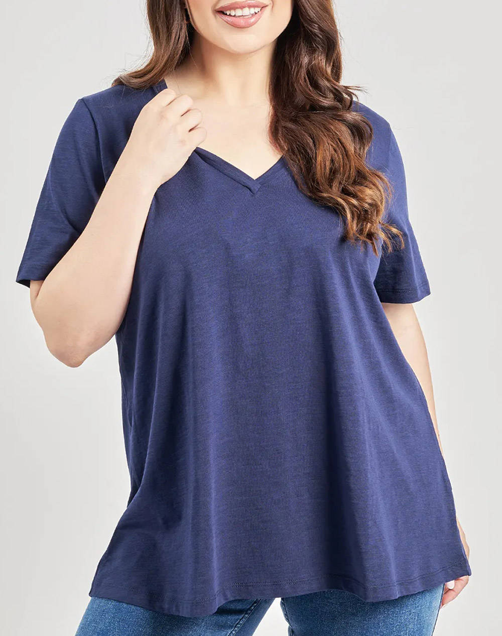 Parabita Basic Cotton Blouse With V Women Clothes Tops T Shirts Blue Cotton 002520105474 003 Female T-Shirts Blue