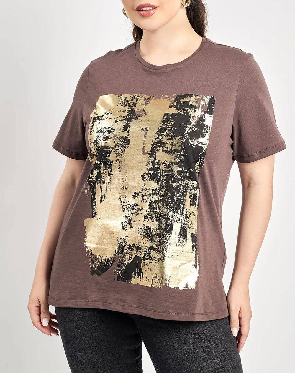 Parabita Cotton T Shirt With Foil Print Women Clothes Tops T Shirts Brown Cotton 012520108957 008 Female T-Shirts Brown