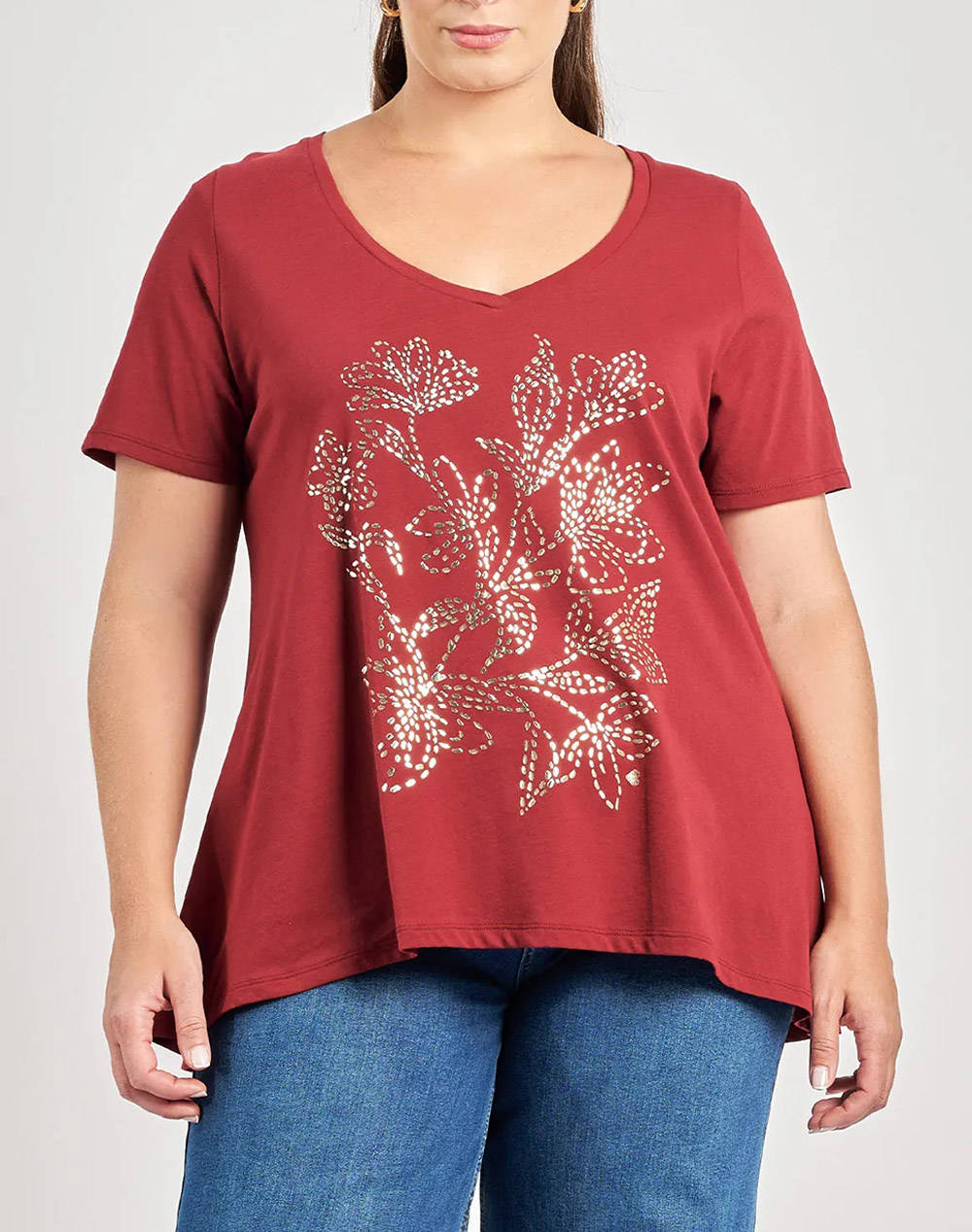 Parabita Cotton T Shirt With Floral Foil Print Women Clothes Tops T Shirts Bordeux Cotton 012520109755 034 Female T-Shirts