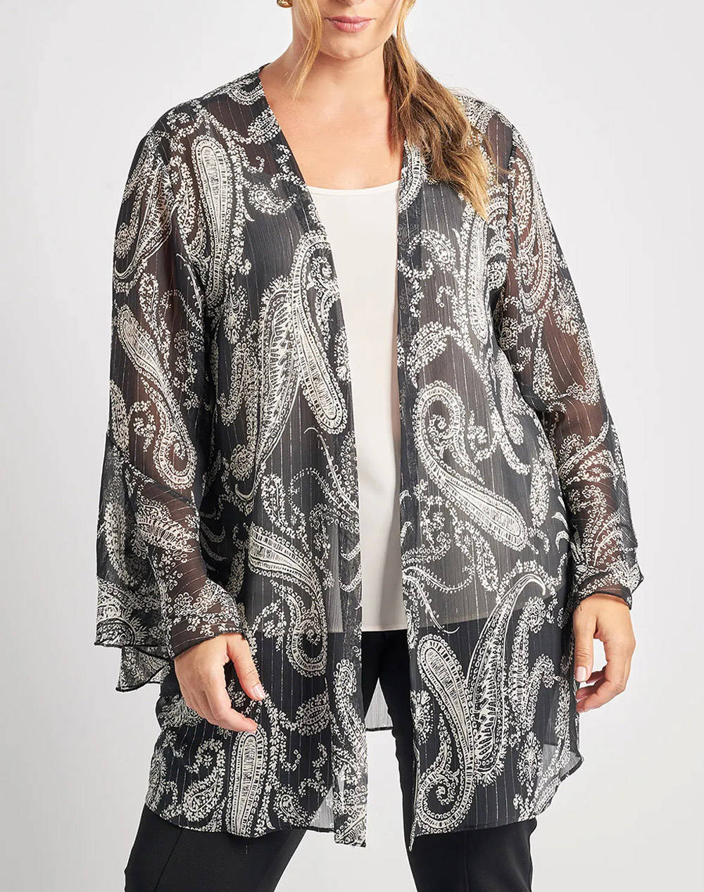 Parabita Ethereal Kimono Printed With Paisley & Lurex Shine Women Clothes Outerwear Blazers Black Synthetic 012520709140 002 Female Blazers Black