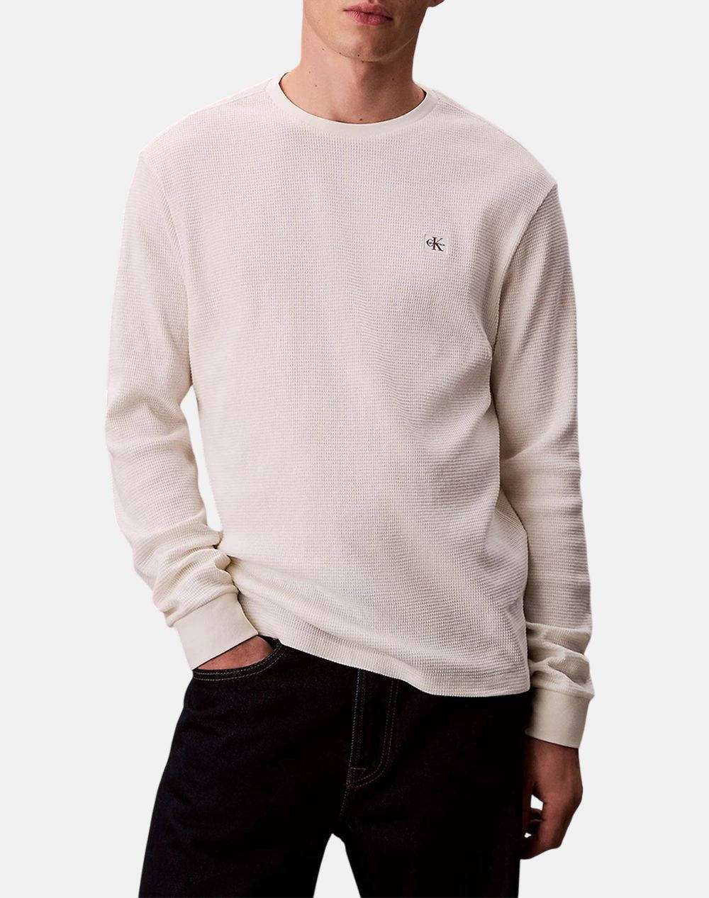 Calvin Klein Ls Waffle Badge Crewnk Tee Men Clothes T Shirts & Sweatshirts T Shirts Offwhite Cotton,Synthetic Lv040Em217 Yas Male T-Shirts