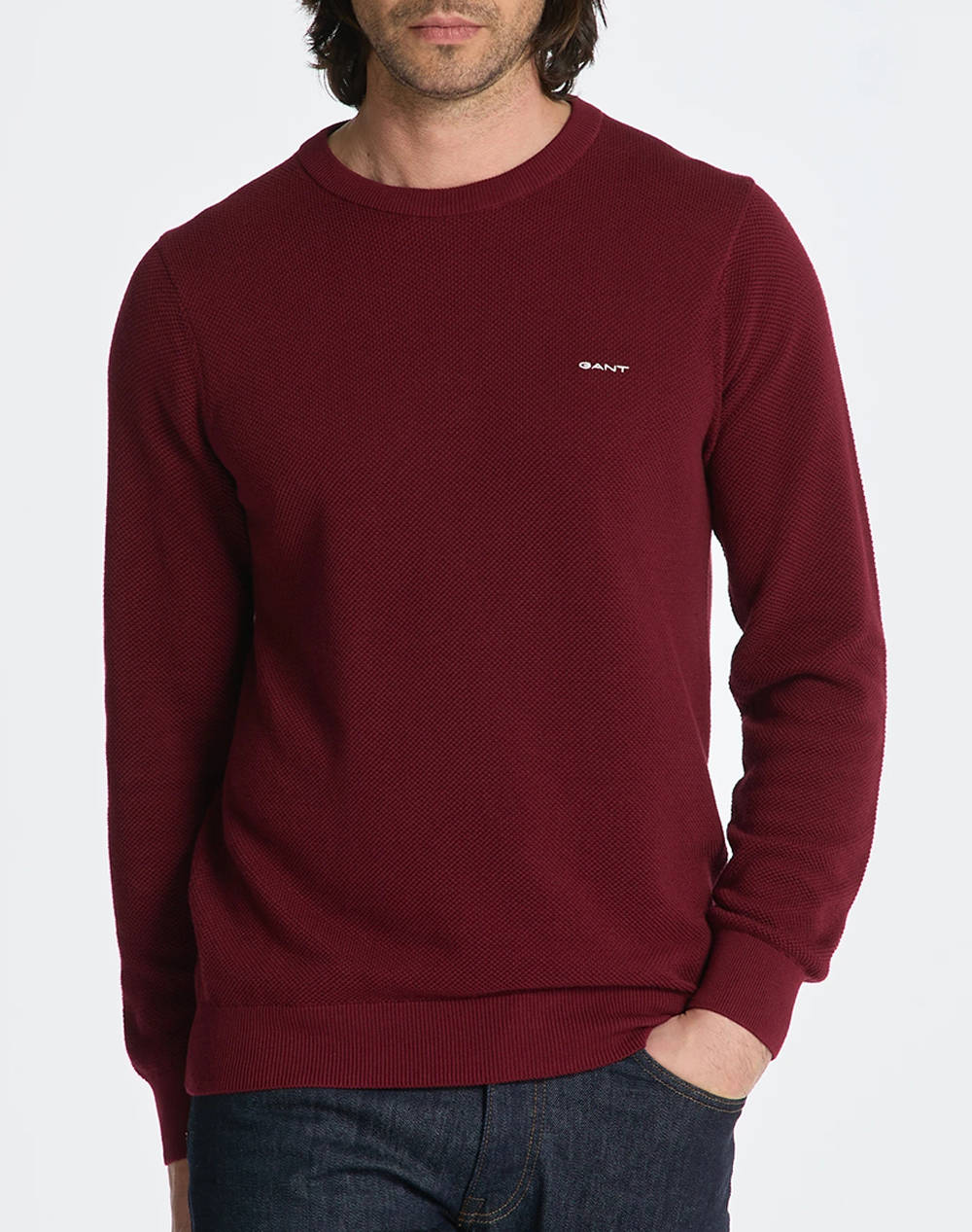 Gant Ls Cotton Pique C Neck Sweater Men Clothes T Shirts & Sweatshirts Knits Bordeux Cotton 3G8040521 604 Male Knits