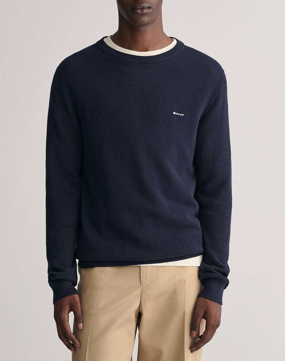 Gant Ls Cotton Pique C Neck Sweater Men Clothes T Shirts & Sweatshirts Knits Darkblue Cotton 3G8040521 433 Male Knits Blue