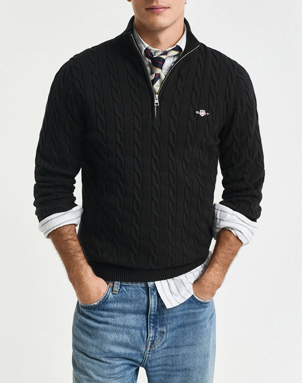 Gant Ls Cotton Cable Half Zip Sweater Men Clothes T Shirts & Sweatshirts Knits Black Cotton 3G8050603 5 Male Knits Black