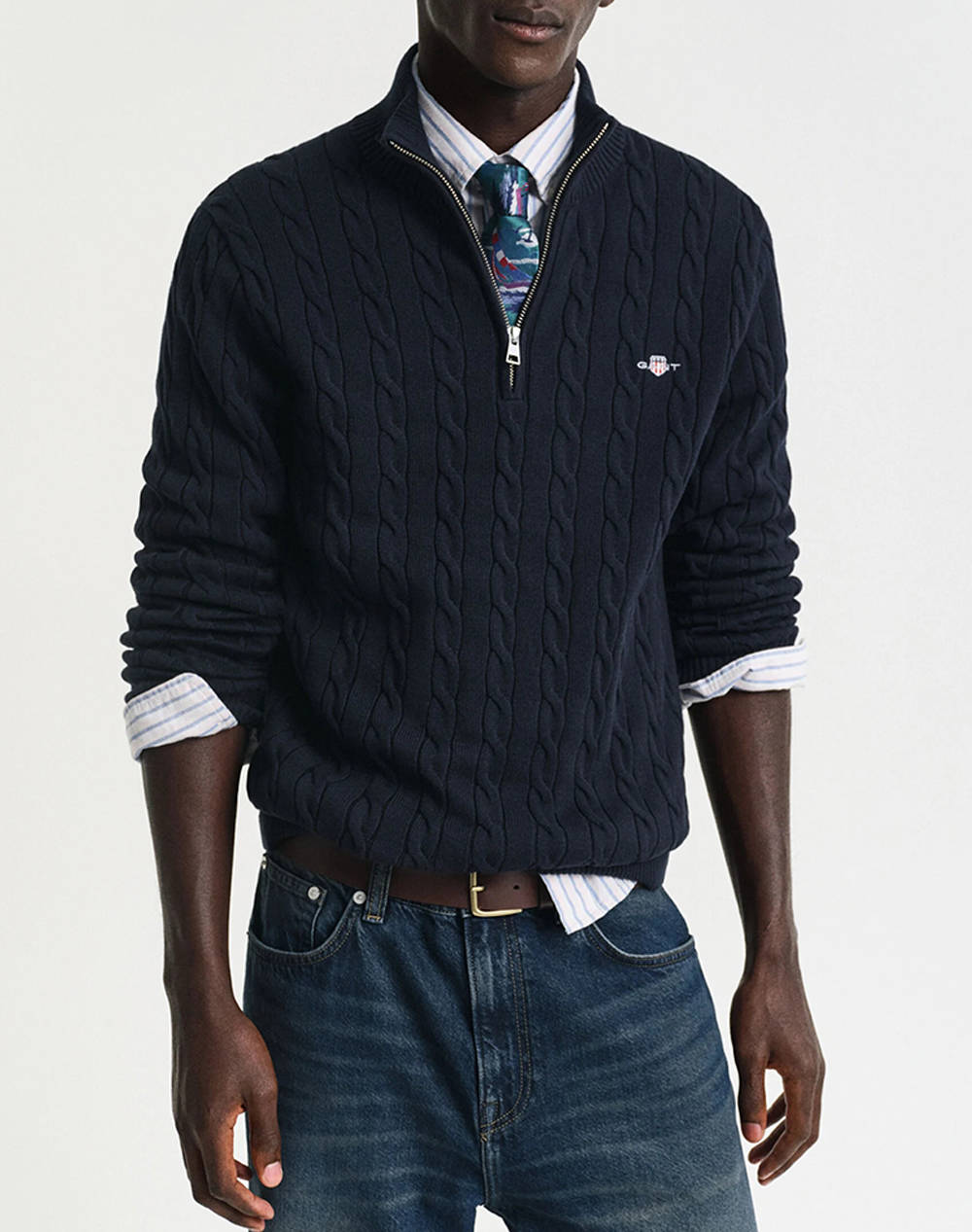 Gant Ls Cotton Cable Half Zip Sweater Men Clothes T Shirts & Sweatshirts Knits Darkblue Cotton 3G8050603 433 Male Knits Blue