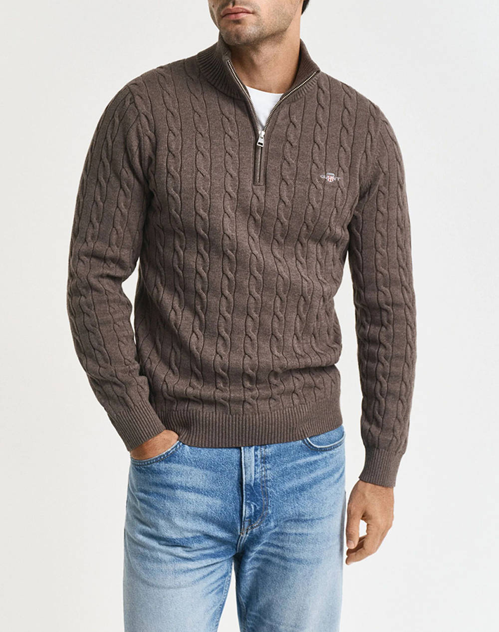 Gant Ls Cotton Cable Half Zip Sweater Men Clothes T Shirts & Sweatshirts Knits Darkbrown Cotton 3G8050603 290 Male Knits Brown