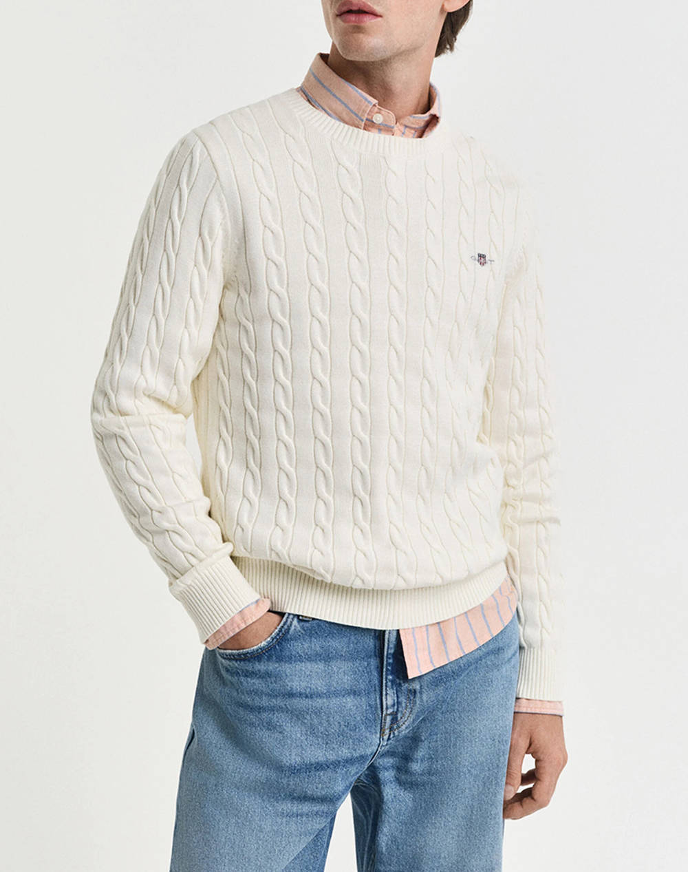 Gant Mm Cotton Cable C Neck Sweater Men Clothes T Shirts & Sweatshirts Knits Cream Cotton 3G8050601 130 Male Knits