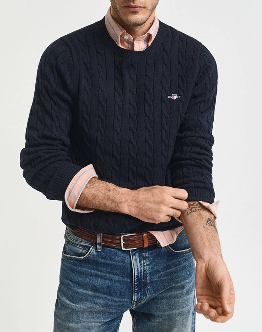 Gant Mm Cotton Cable C Neck Sweater Men Clothes T Shirts & Sweatshirts Knits Darkblue Cotton 3G8050601 433 Male Knits Blue