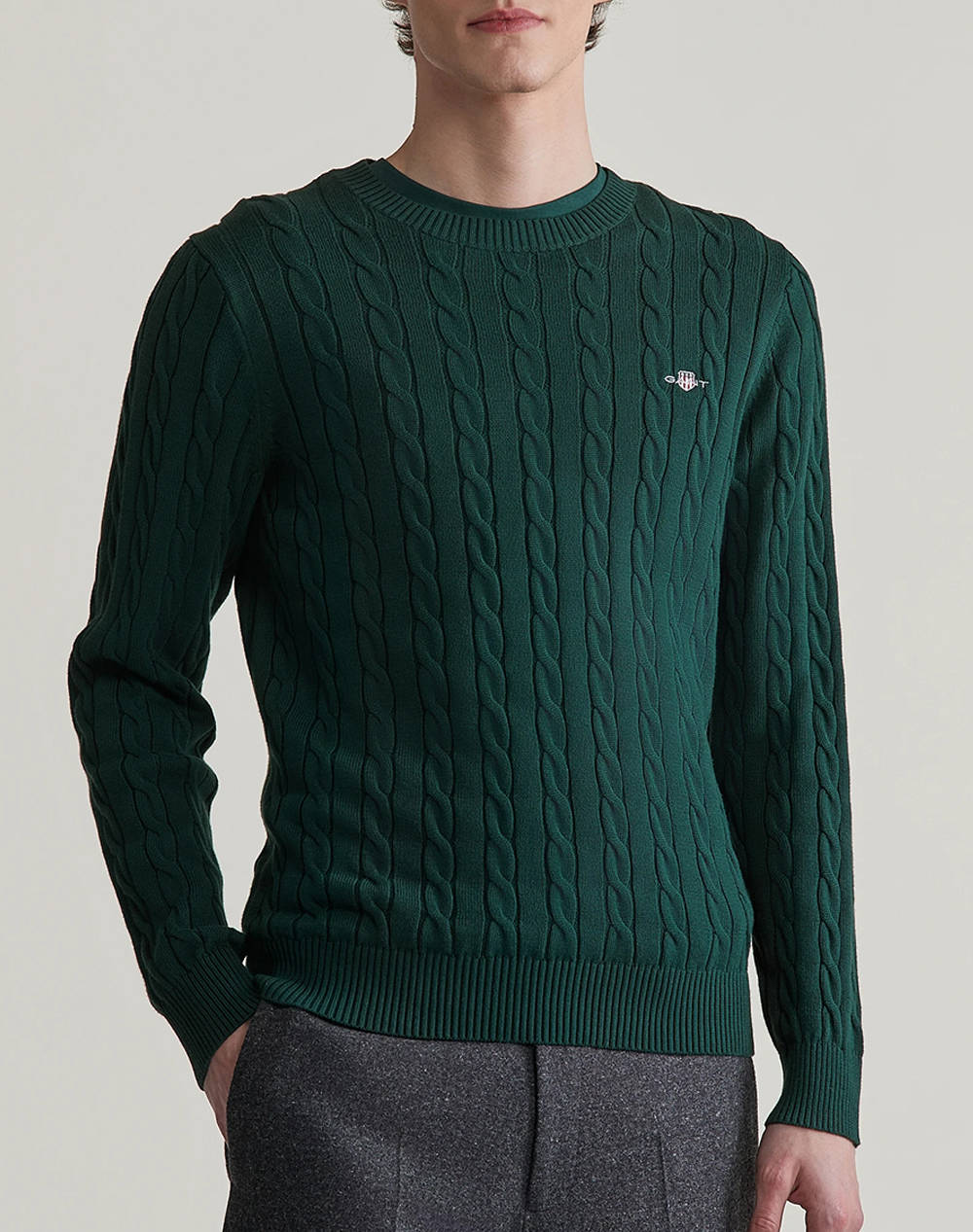 Gant Mm Cotton Cable C Neck Sweater Men Clothes T Shirts & Sweatshirts Knits Darkgreen Cotton 3G8050601 374 Male Knits Green