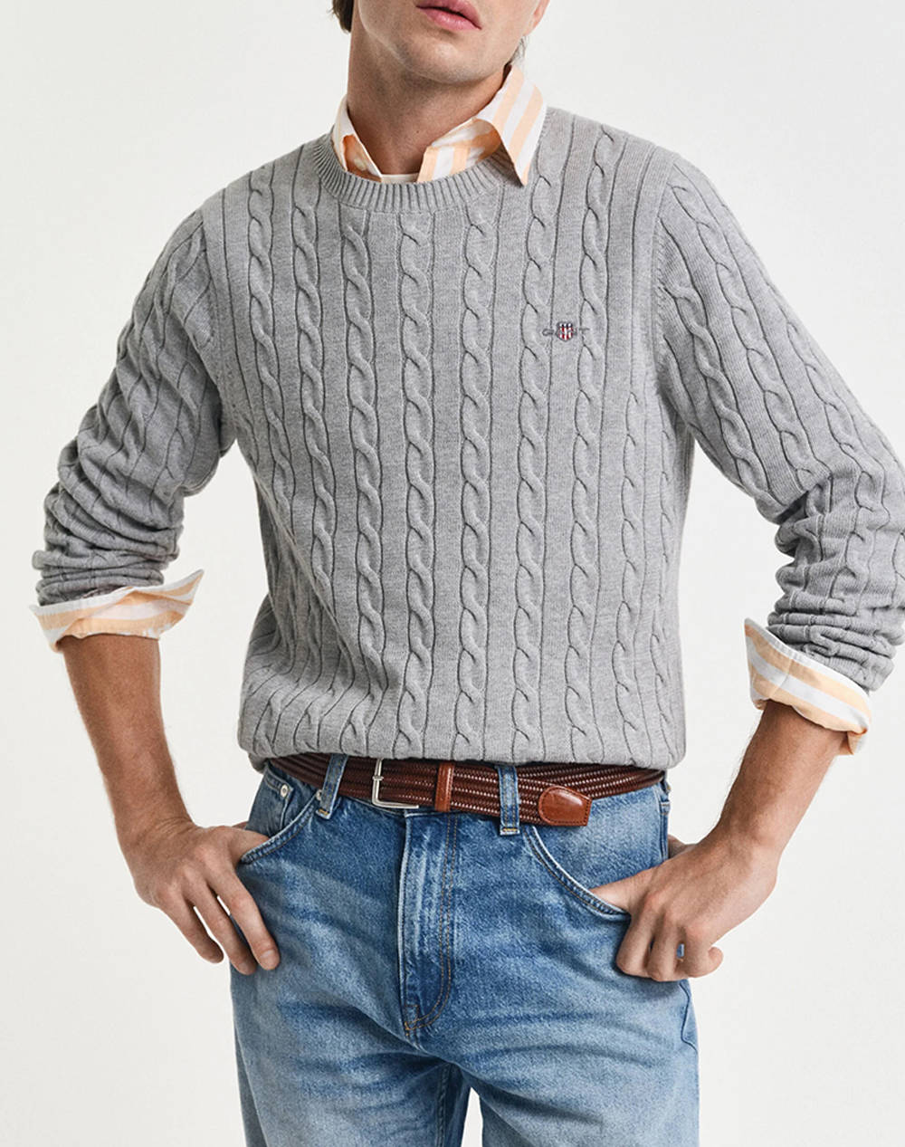 Gant Mm Cotton Cable C Neck Sweater Men Clothes T Shirts & Sweatshirts Knits Gray Cotton 3G8050601 93 Male Knits
