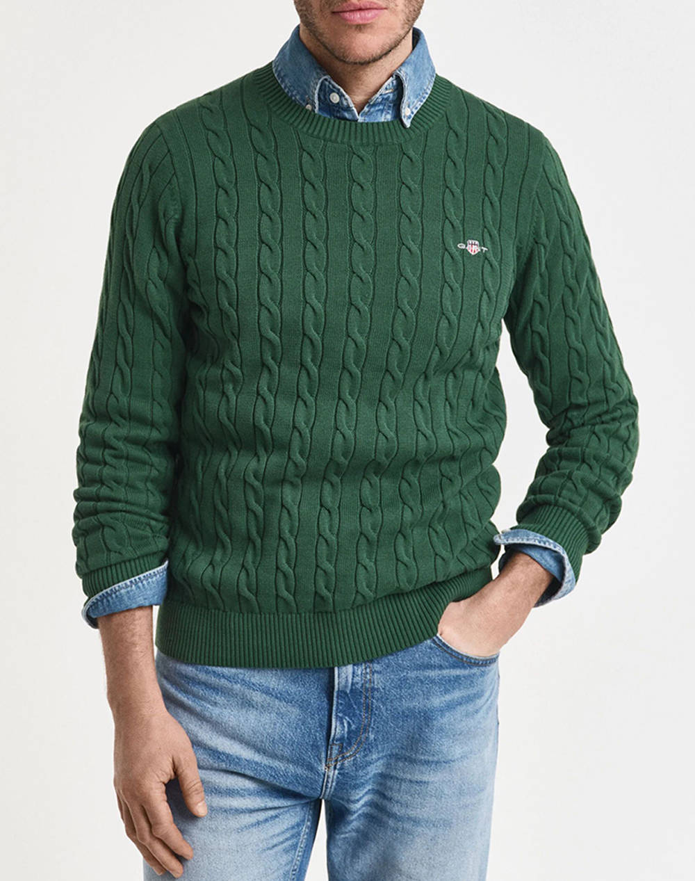 Gant Mm Cotton Cable C Neck Sweater Men Clothes T Shirts & Sweatshirts Knits Green Cotton 3G8050601 338 Male Knits Green