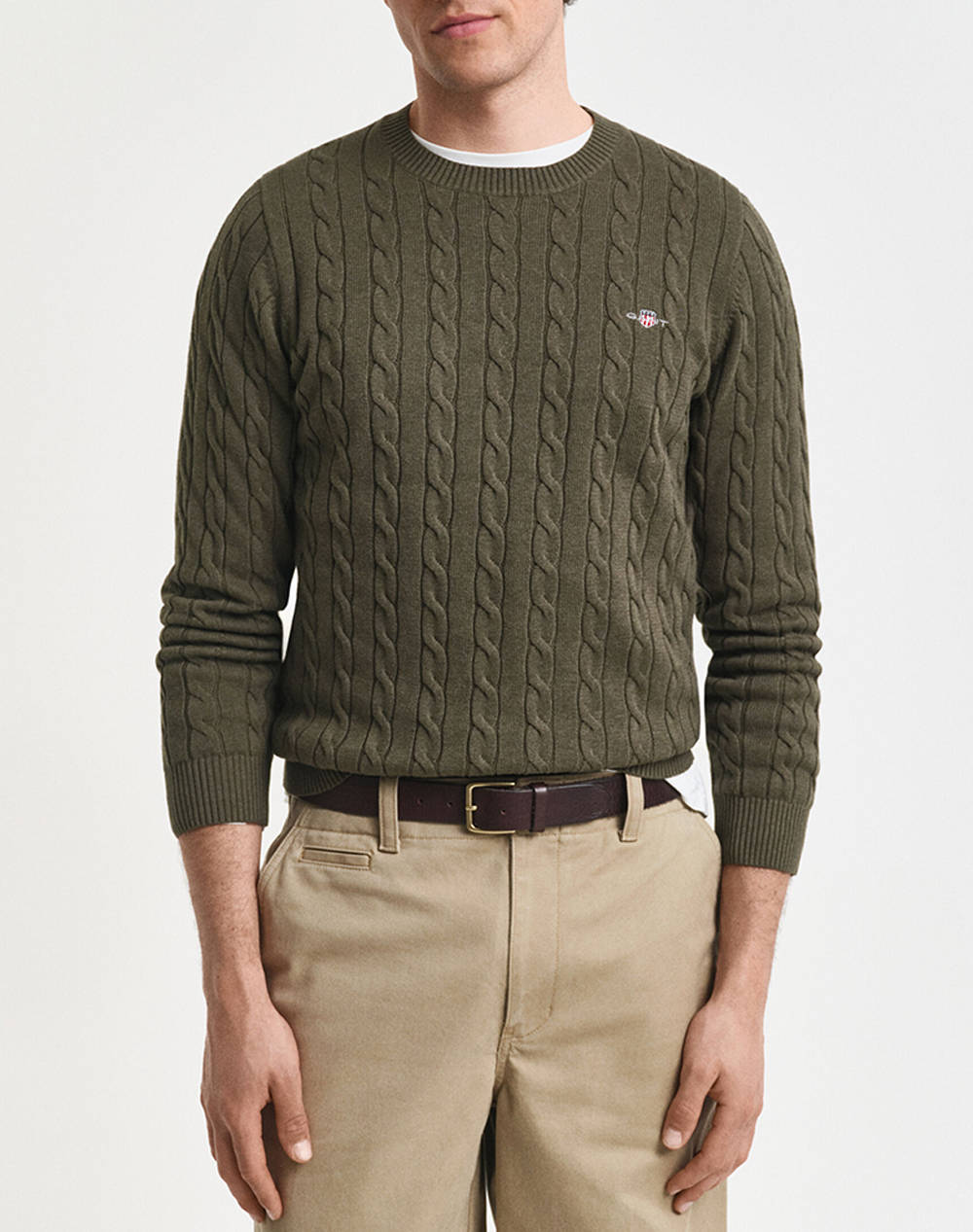 Gant Mm Cotton Cable C Neck Sweater Men Clothes T Shirts & Sweatshirts Knits Khaki Cotton 3G8050601 384 Male Knits Khaki