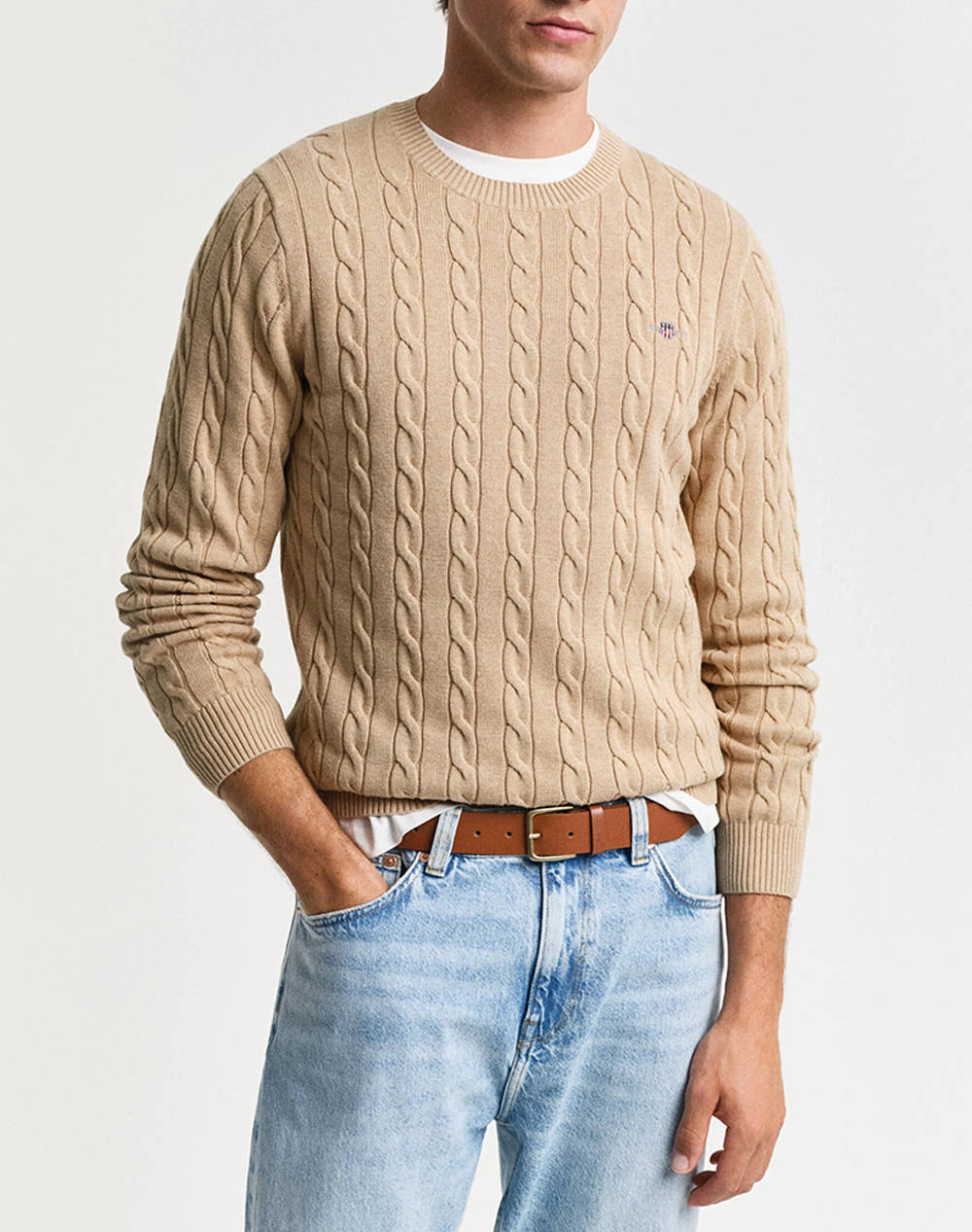 Gant Mm Cotton Cable C Neck Sweater Men Clothes T Shirts & Sweatshirts Knits Sandybrown Cotton 3G8050601 296 Male Knits Brown