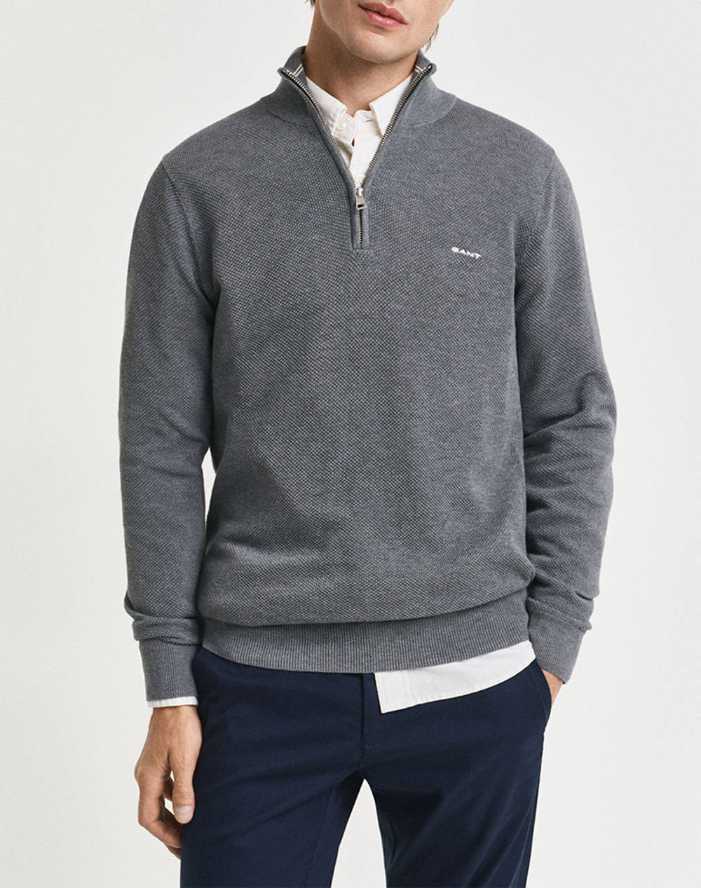 Gant Ls Cotton Pique Half Zip Sweater Men Clothes T Shirts & Sweatshirts Knits Gray Cotton 3G8040523 92 Male Knits