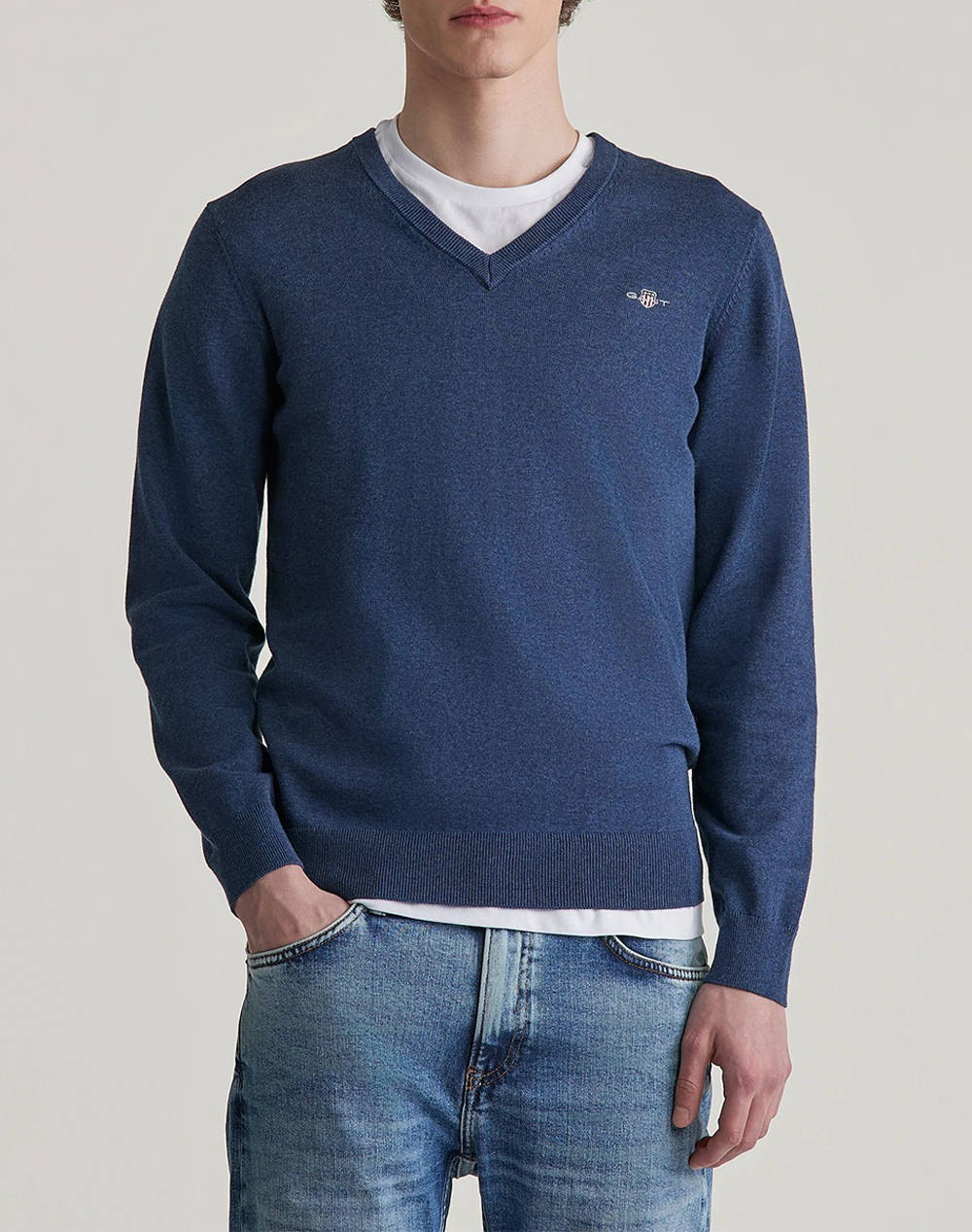 Gant Sweater Ls Classic Cotton V Neck Men Clothes T Shirts & Sweatshirts Knits Jeanblue Cotton 3G8030562 902 Male Knits Blue