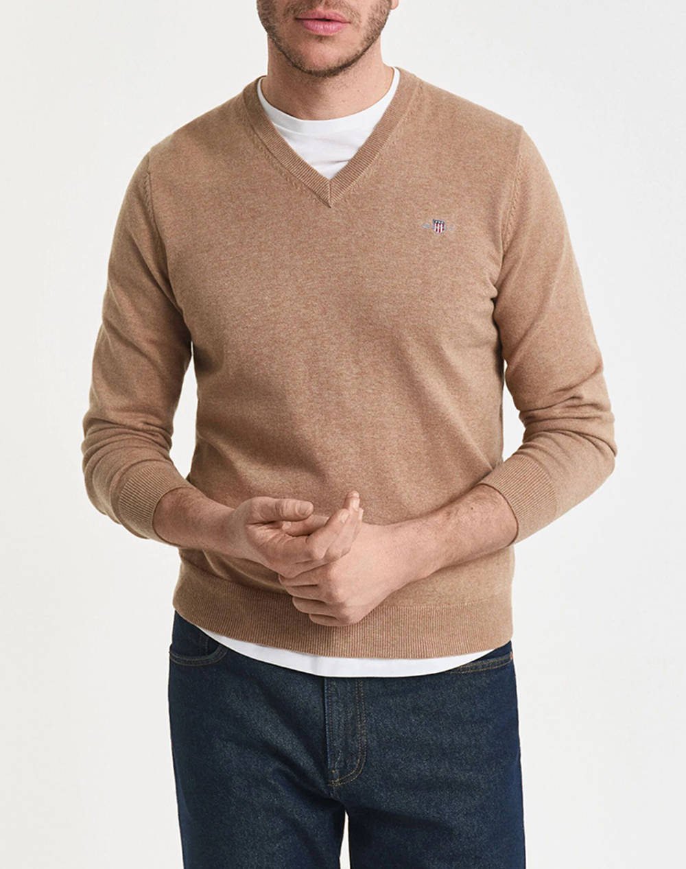 Gant Sweater Ls Classic Cotton V Neck Men Clothes T Shirts & Sweatshirts Knits Sandybrown Cotton 3G8030562 295 Male Knits Brown
