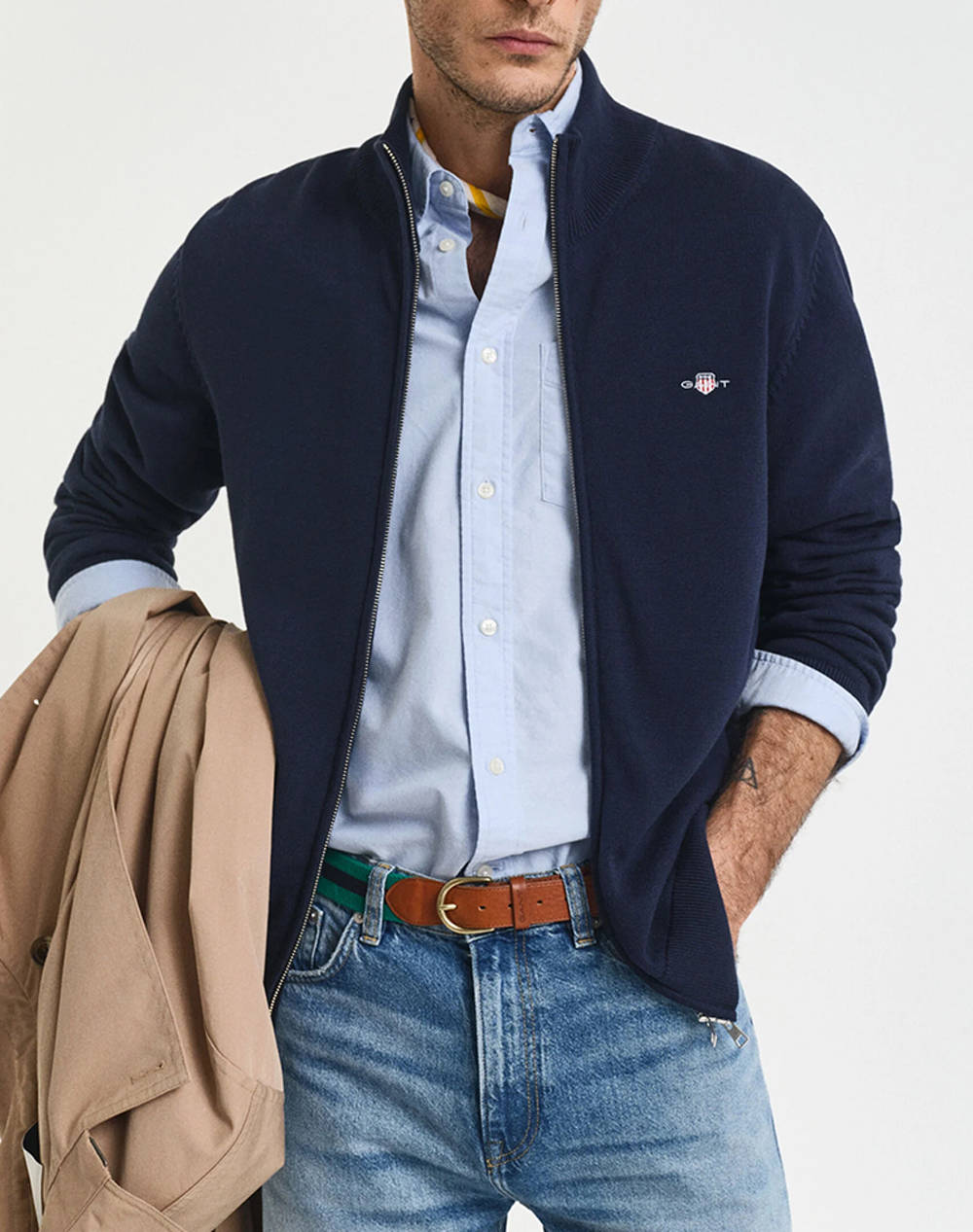 Gant Casual Cotton Zip Cardigan Men Clothes Jackets Cardigans Darkblue Cotton 3G8030164 433 Male Cardigans Blue