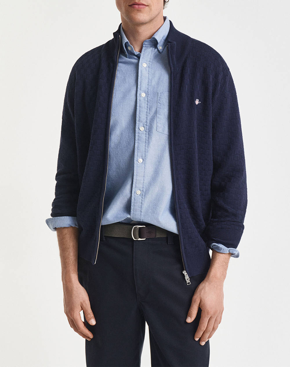 Gant Micro Texture Fz Knitted Cardigan Men Clothes Jackets Cardigans Darkblue Cotton 3G8030263 433 Male Cardigans Blue