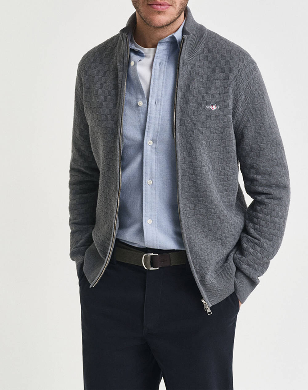 Gant Micro Texture Fz Knitted Cardigan Men Clothes Jackets Cardigans Gray Cotton 3G8030263 92 Male Cardigans