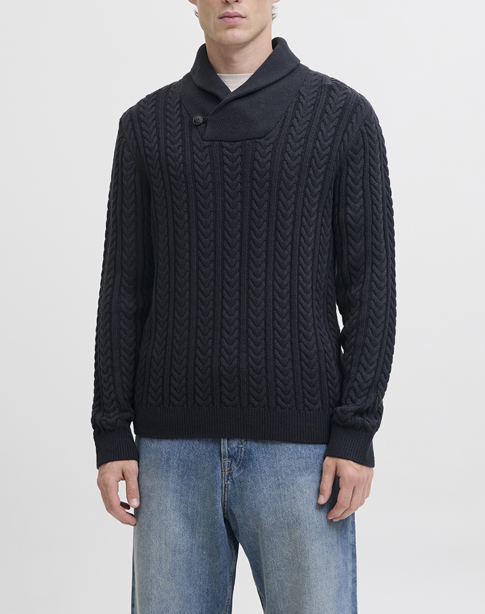 Jack&Jones Jprblusean Knit Cable Shawl Neck Ανδρας Ρουχα Μπλουζες Πλεκτα Darkblue Βαμβακισυνθετικο 12283488 Dark Navy
