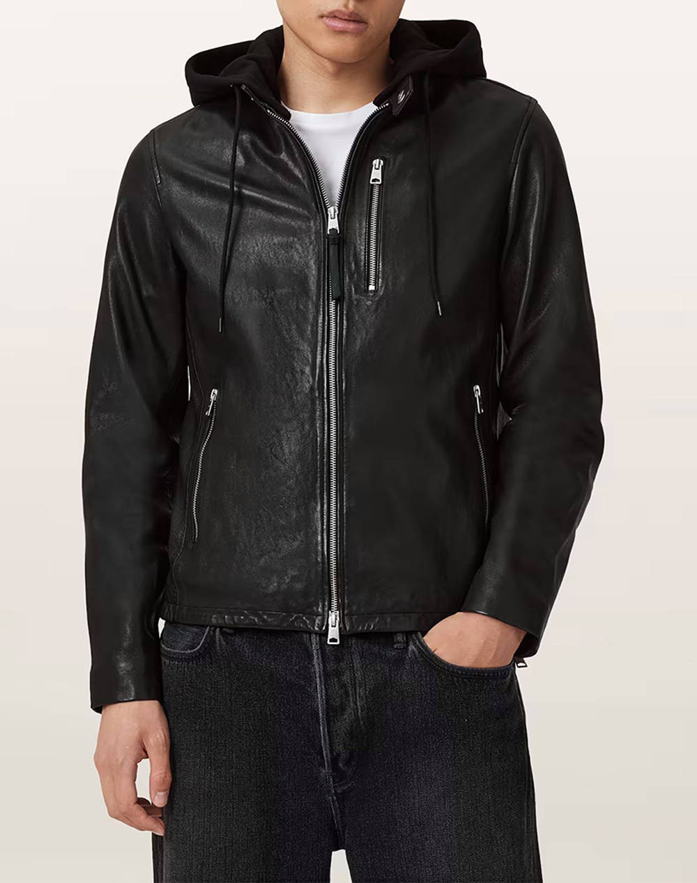 All Saints Ashton Jacket Men Clothes Outerwear Jackets Black Leather M013Ld Black Male Jackets Black
