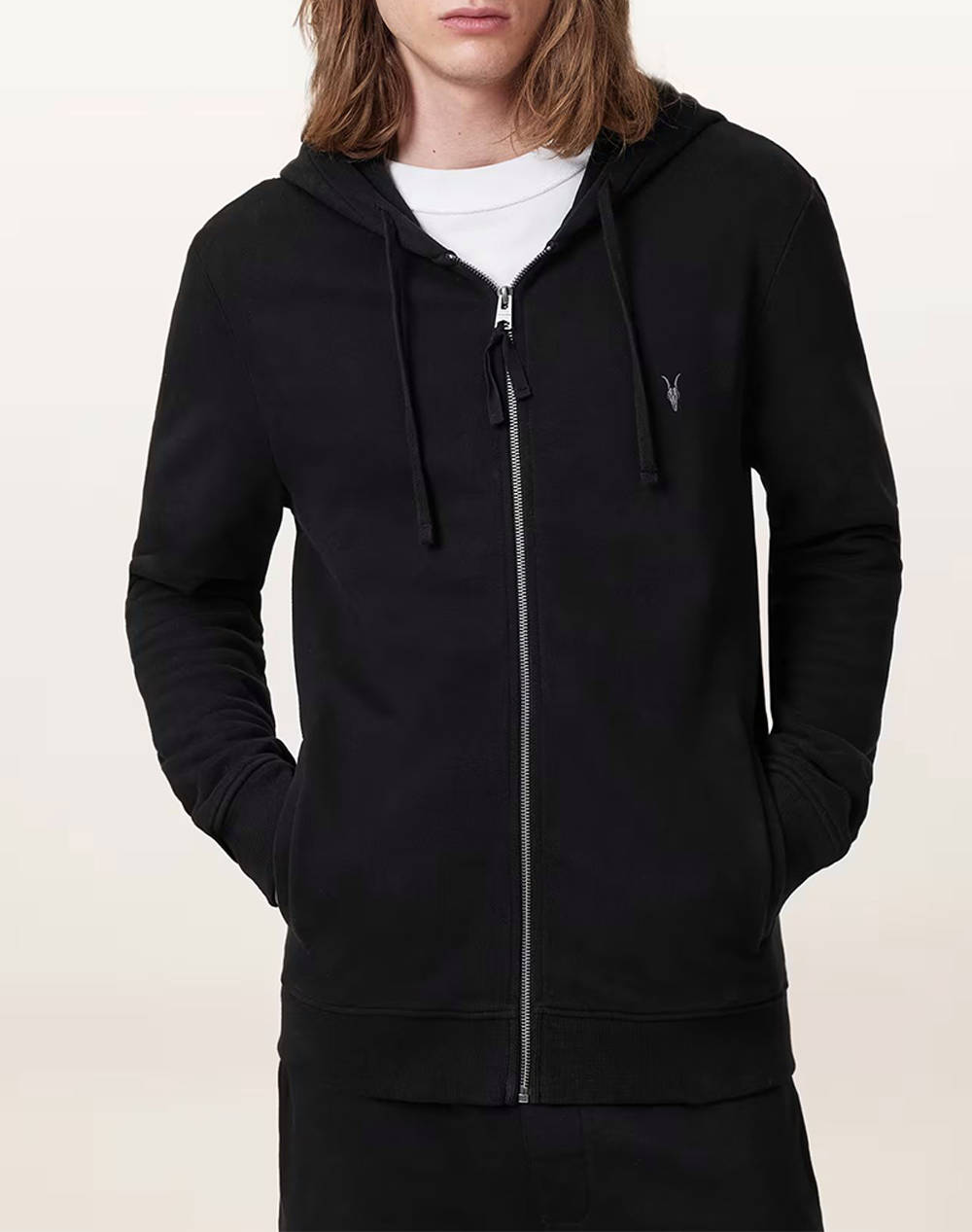 All Saints Raven Zip Hoody Men Clothes Jackets Zip Through Hoodies Black Cotton M028Na Black Male Zip Through Hoodies Black