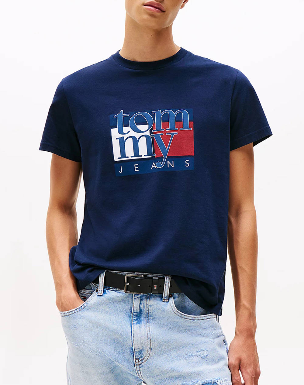 Tommy Jeans Tjm Slim Rwb Flag Tee Ext Men Clothes T Shirts & Sweatshirts T Shirts Navyblue Cotton Dm0Dm21977 C1G Male T-Shirts Blue