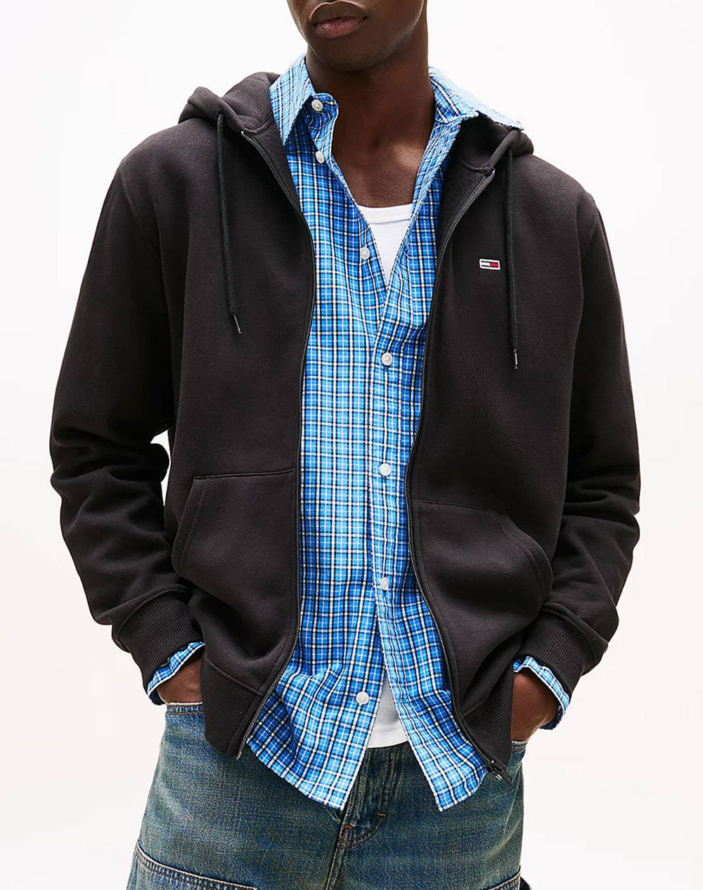 Tommy Jeans Tjm Reg S Flag Zip Thru Men Clothes Jackets Zip Through Hoodies Black Cotton,Synthetic Dm0Dm20743 Bds Male Zip Through Hoodies Black