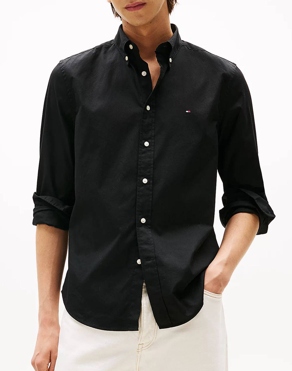 Tommy Hilfiger Core Flex Poplin Solid Rf Shirt Men Clothes Shirts Black Cotton Mw0Mw39988 Bds Male Shirts Black