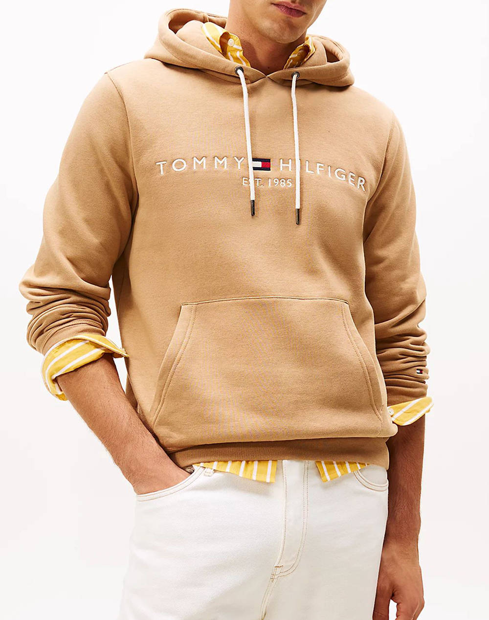 Tommy Hilfiger Tommy Logo Hoody Men Clothes T Shirts & Sweatshirts Sweatshirts Camel Cotton,Synthetic Mw0Mw11599 Gv7 Male Sweatshirts