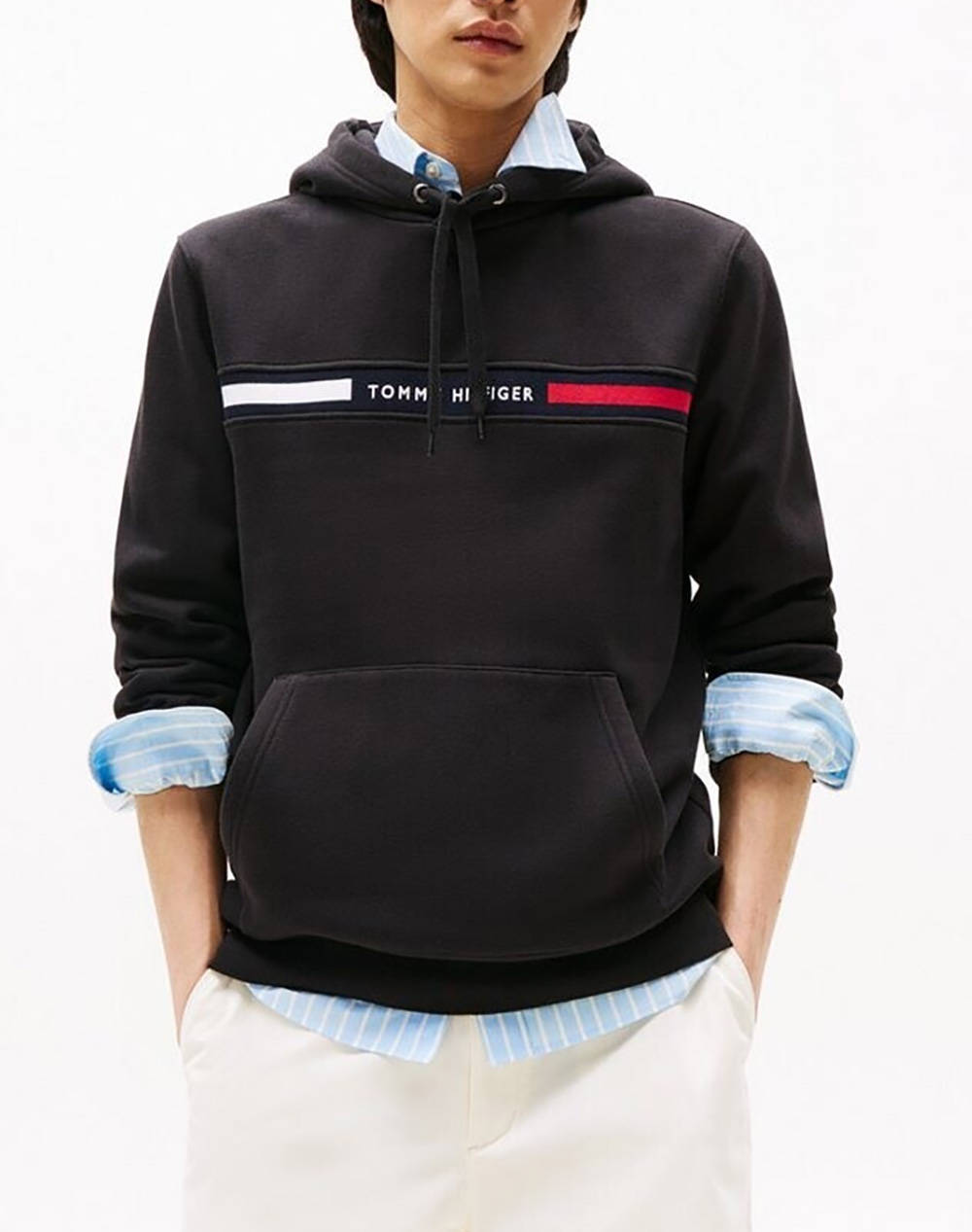 Tommy Hilfiger Hilfiger Chest Insert Hoody Men Clothes T Shirts & Sweatshirts Sweatshirts Black Cotton,Synthetic Mw0Mw37361 Bds Male Sweatshirts Black