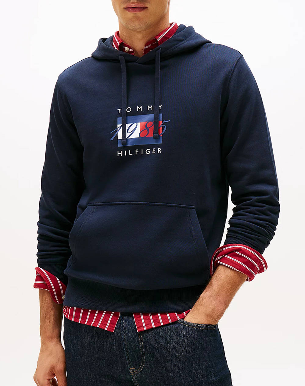 Tommy Hilfiger Linear Flag Graphic Hoodie Men Clothes T Shirts & Sweatshirts Sweatshirts Darkblue Cotton Mw0Mw41332 Dw5 Male Sweatshirts Blue