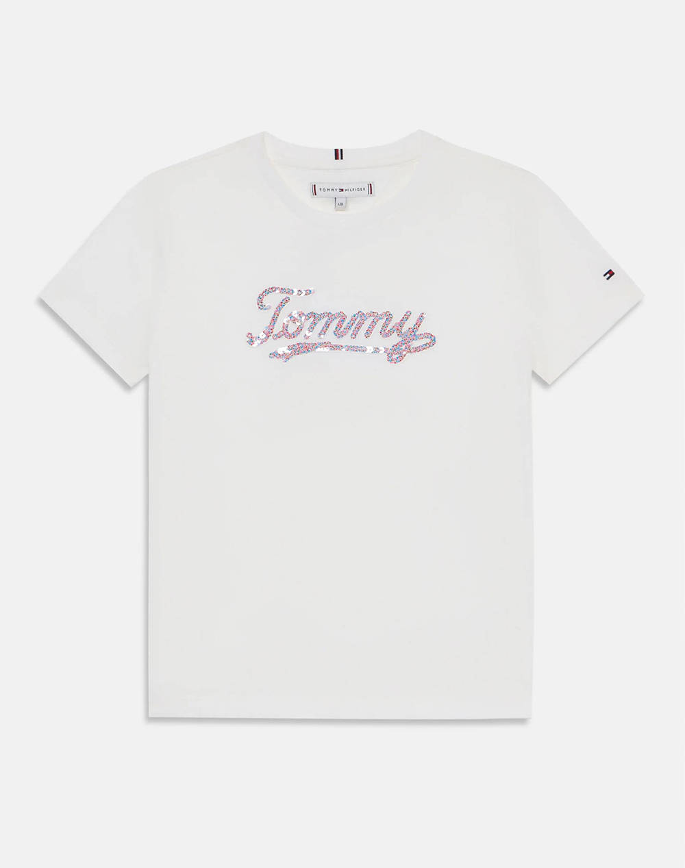 Tommy Hilfiger Tommy Script Sequins Tee Ss Kids Girl Clothes Shirts White Cotton Kg0Kg08637 8Y 16Y Ybr Female Shirts