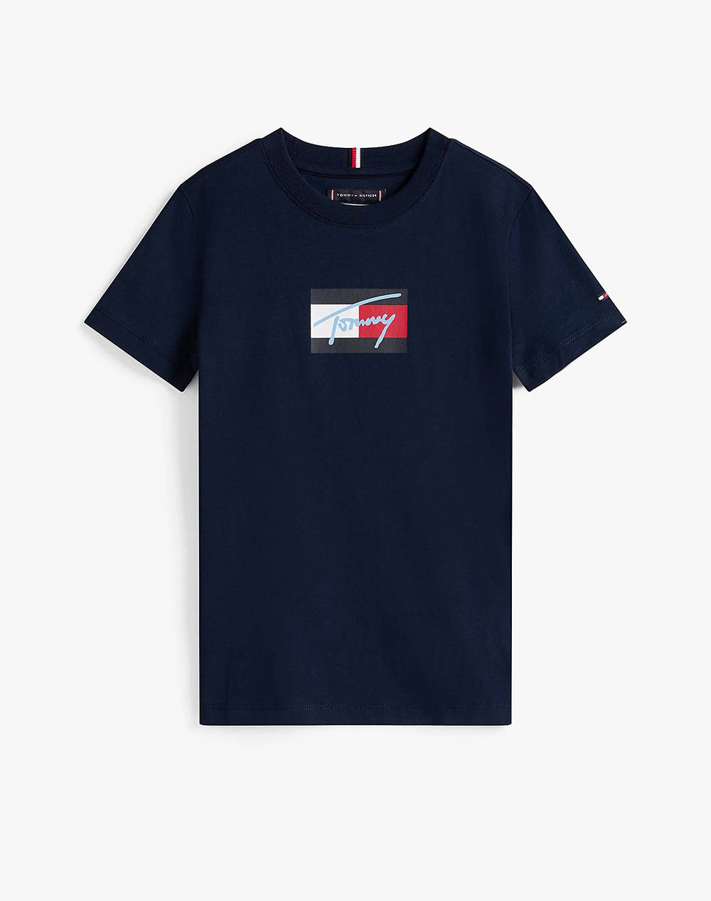 Tommy Hilfiger Tommy Script Flag Print Tee Ss Kids Boy Clothes T Shirts Darkblue Cotton Kb0Kb09725 8Y 16Y C1G Male T-Shirts Blue