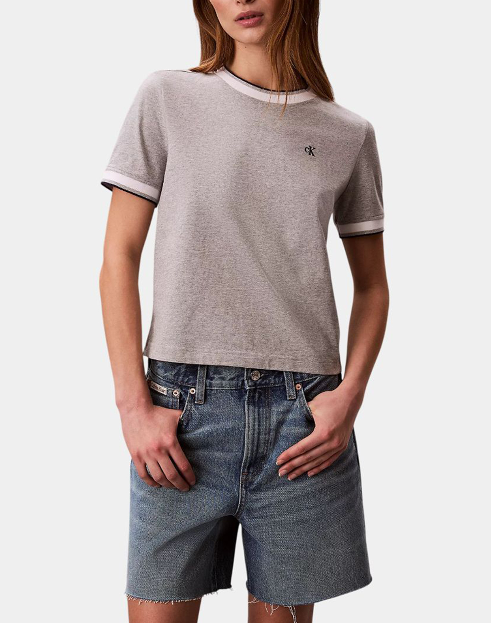 Calvin Klein Jeans Ss Ctn Monogram Stripe Trim Tee Γυναικα Ρουχα Μπλουζες Τ Shirt Lightgray Βαμβακι Lv047F226G P79