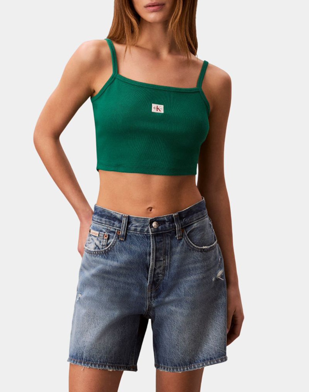 Calvin Klein Jeans Sl Woven Label 2X2 Baby Rib Crop Γυναικα Ρουχα Μπλουζες Τοπ/Κορμακια Green Βαμβακιμε Ελασταν Lv047F221G L4G