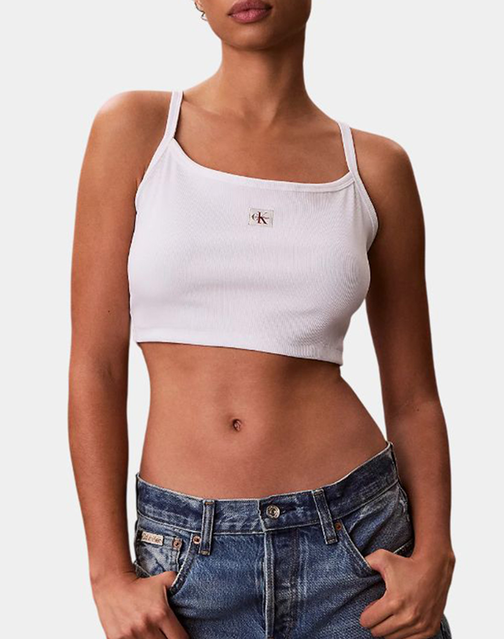 Calvin Klein Jeans Sl Woven Label 2X2 Baby Rib Crop Γυναικα Ρουχα Μπλουζες Τοπ/Κορμακια White Βαμβακιμε Ελασταν Lv047F221G Yaf