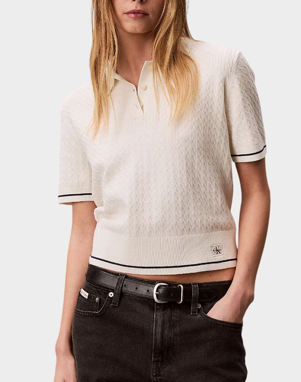 Calvin Klein Jeans Ss Woven Label Cropped Cable Swe Γυναικα Ρουχα Μπλουζες Πλεκτα Offwhite Βαμβακι Lv047F320G Yas