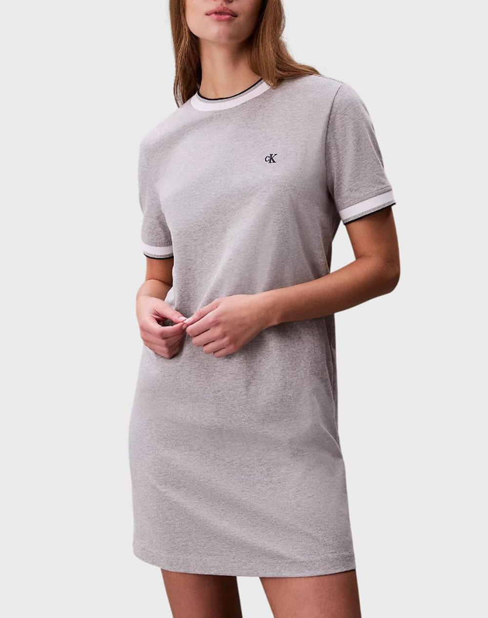 Calvin Klein Ss Ctn Monogram Stripe Trim Mini Γυναικα Ρουχα Φορεματα Lightgray Βαμβακι Lv047F248G P79