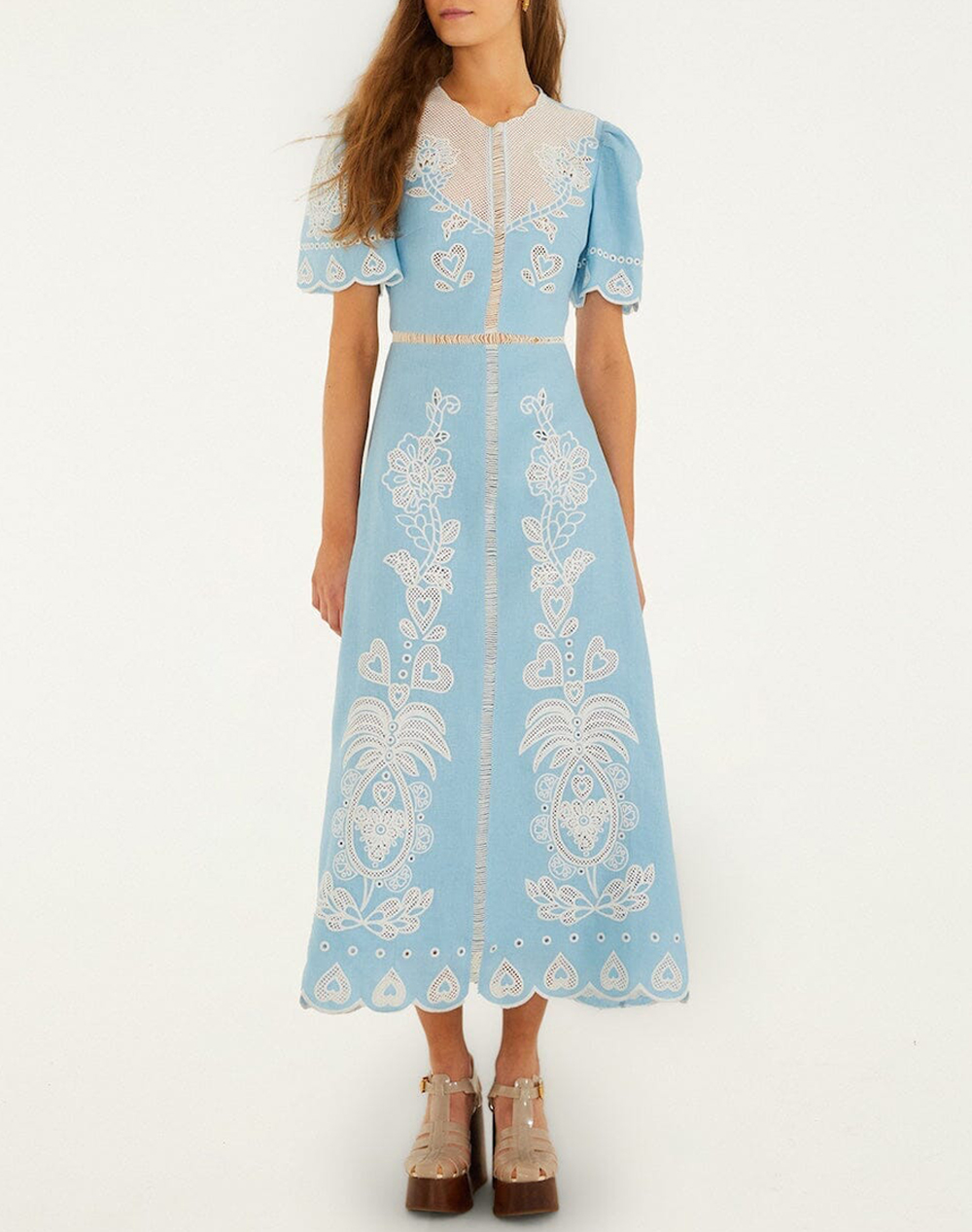 Farm Rio Light Blue Embroidery Short Sleeve Midi Dress Blue Γυναικα Ρουχα Φορεματα Lightblue Λινο 348855 L0003