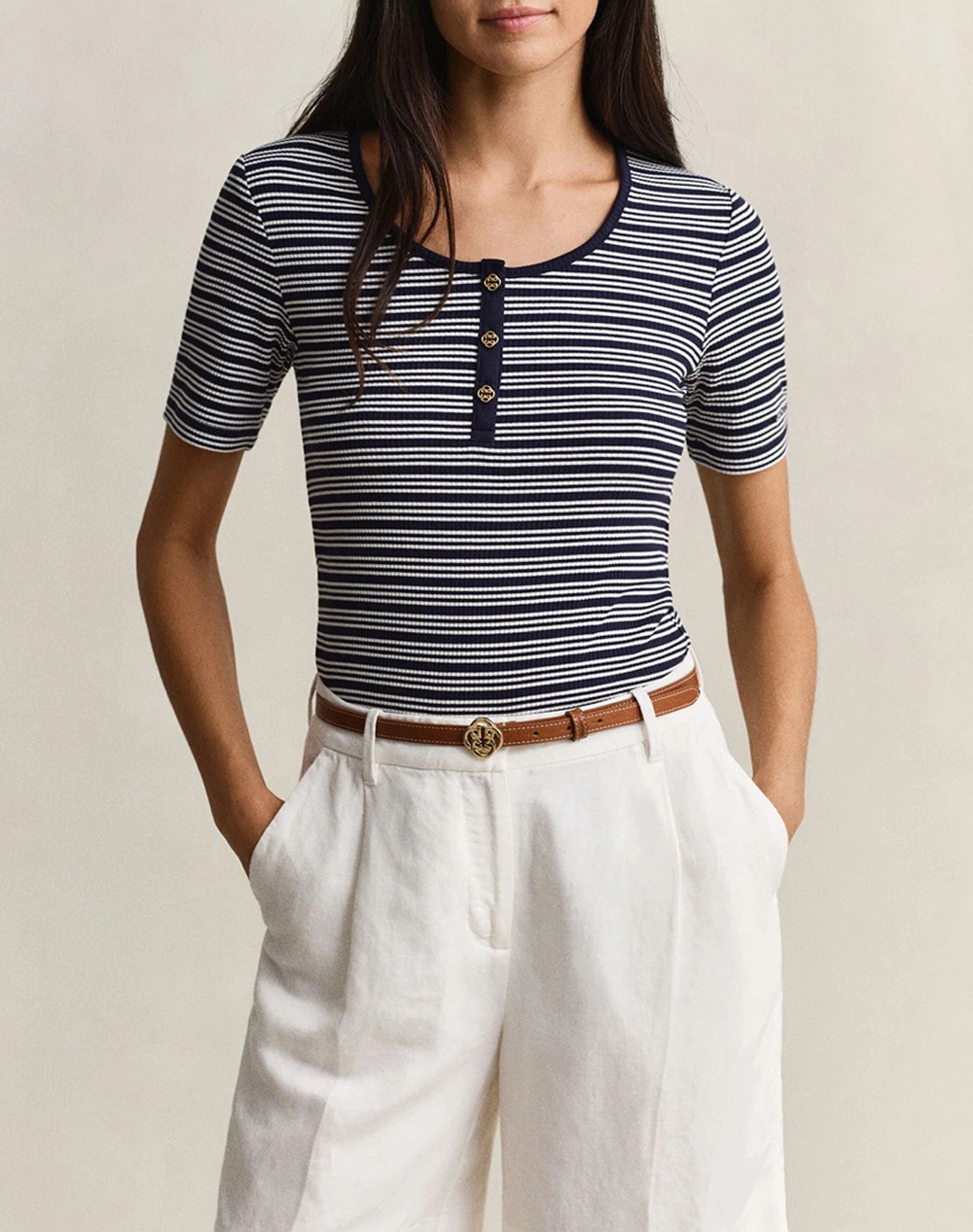 Gant Μπλουζα Slim Ribbed Ss Henley Top Γυναικα Ρουχα Μπλουζες Τ Shirt Darkblue Βισκοζ,Με Ελασταν 3Gw4201438 433 - Koolfly