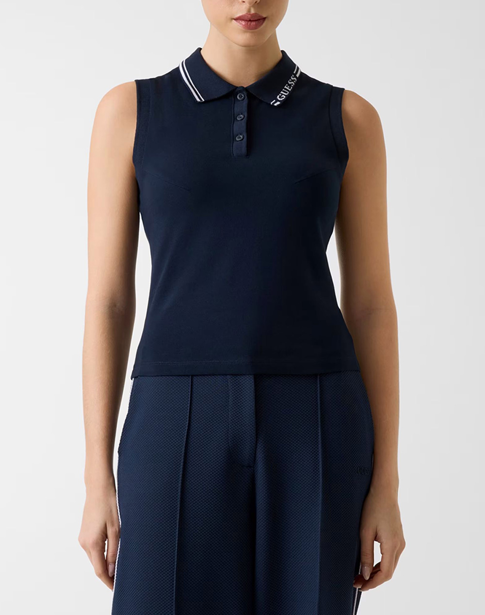 Guess Sarah Sleeveless Polo Μπλουζα Γυναικειο Γυναικα Ρουχα Μπλουζες Polo Darkblue Βαμβακιμε Ελασταν V6Gp03K2958 A71W